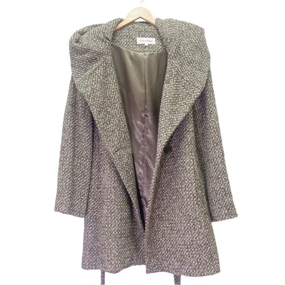 NEW Calvin Klein Tweed Belted Coat With Hood Tan Brown Cream Wool Size 12 NWOT - Picture 5 of 12
